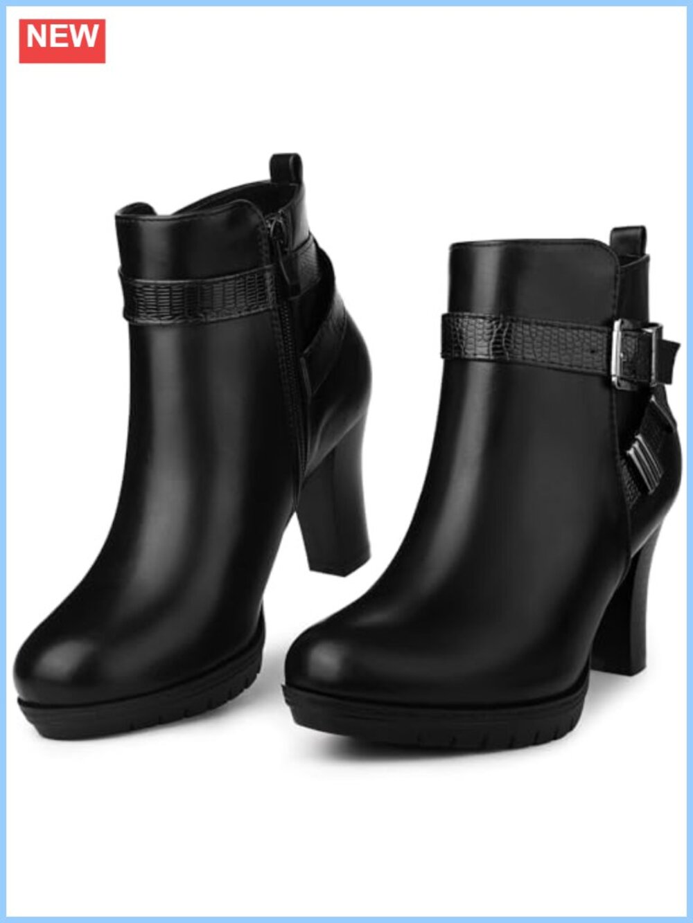Platform Ankle Booties Faux Leather Block Heel Printed Strap Booties